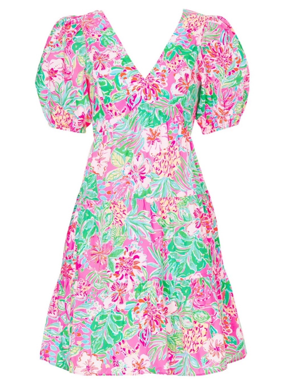 Lilly Pulitzer Nalani Short Sleeve Cotton Dress in Pink & Green Floral
